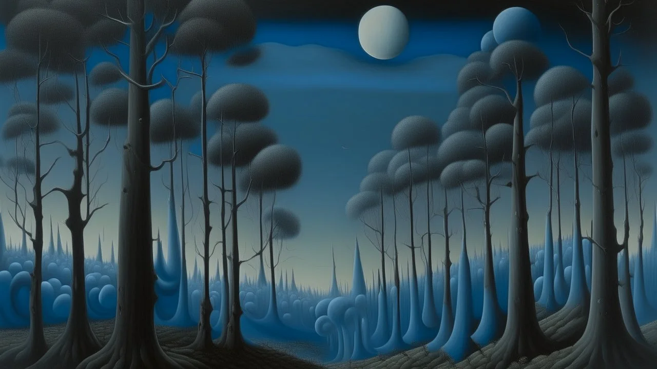 Una pintura al óleo con el hiperrealismo meticuloso y los escenarios oníricos pero opresivos propios de René Magritte o Yves Tanguy. Un bosque de árboles gigantescos cuyas copas están formadas por masas de carne humana enredada y silenciosa, en lugar de hojas, se extiende bajo un cielo de un azul perfecto y antinatural con una luna menguante que llora lágrimas negras. En el centro del claro, una mesa de banquete elegantemente puesta para una sola persona sostiene un plato que contiene un ojo hum