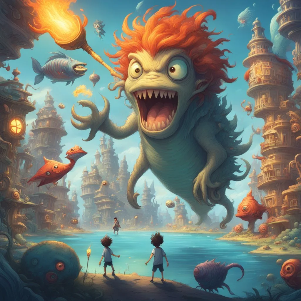 In a vivid, otherworldly landscape, a mischievous boy with wild hair, wielding a torch, strides past quirky monsters and peculiar structures. To his left, a giant, toothy fish-creature looms large, while various bizarre beings, both airborne and grounded, populate the intricate scene. A floating island holds whimsical buildings, and a looming tree casts shadows, framing the fantastical setting.