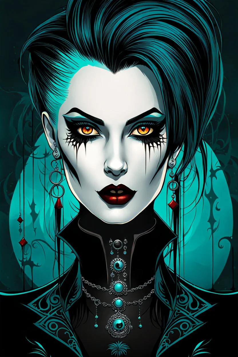 Create a wild, imaginative, goth punk vampire girl with highly detailed facial features, in the vector graphic style of Nirak1,Christopher Lee, and Cristiano Siqueira, utilizing simple shapes , vibrant colors,