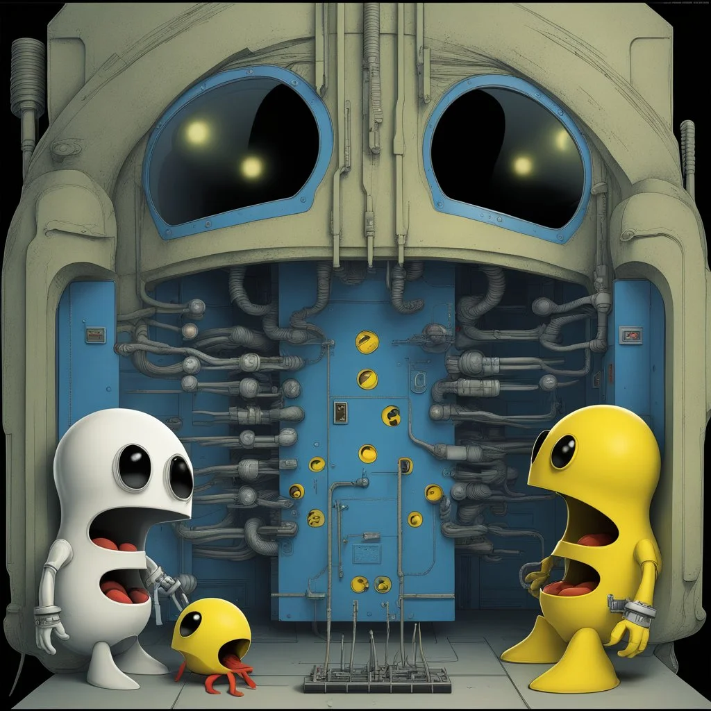 by Anton Semenov and Gerald Scarfe and H.R. Giger, surreal pac-man nightmare, Welcome to the Video Game, assembly line of Pac-man evil clones waiting to be activated, Bamco Poster art, color ink illustration, sharp focus, surreal concept art, yellow and Dark-blue color scheme, by Zdzislaw Beksinski