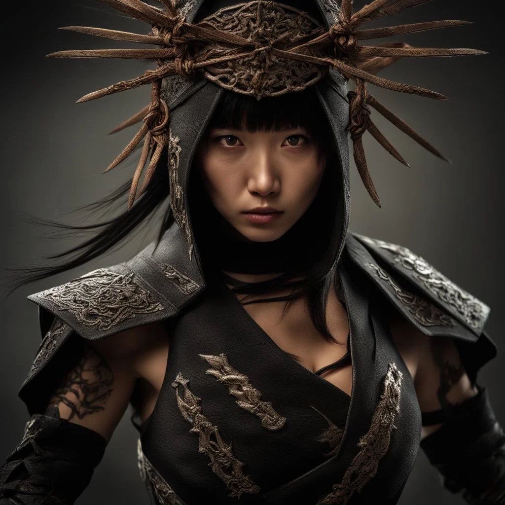 Behold the powerful alluring and pretty chinese ninja woman, her body adorned with the traditional ninja costume and Shurikens, HDR, beautifully shot, hyperrealistic, sharp focus, 64 megapixels, perfect composition, high contrast, cinematic, atmospheric, moody