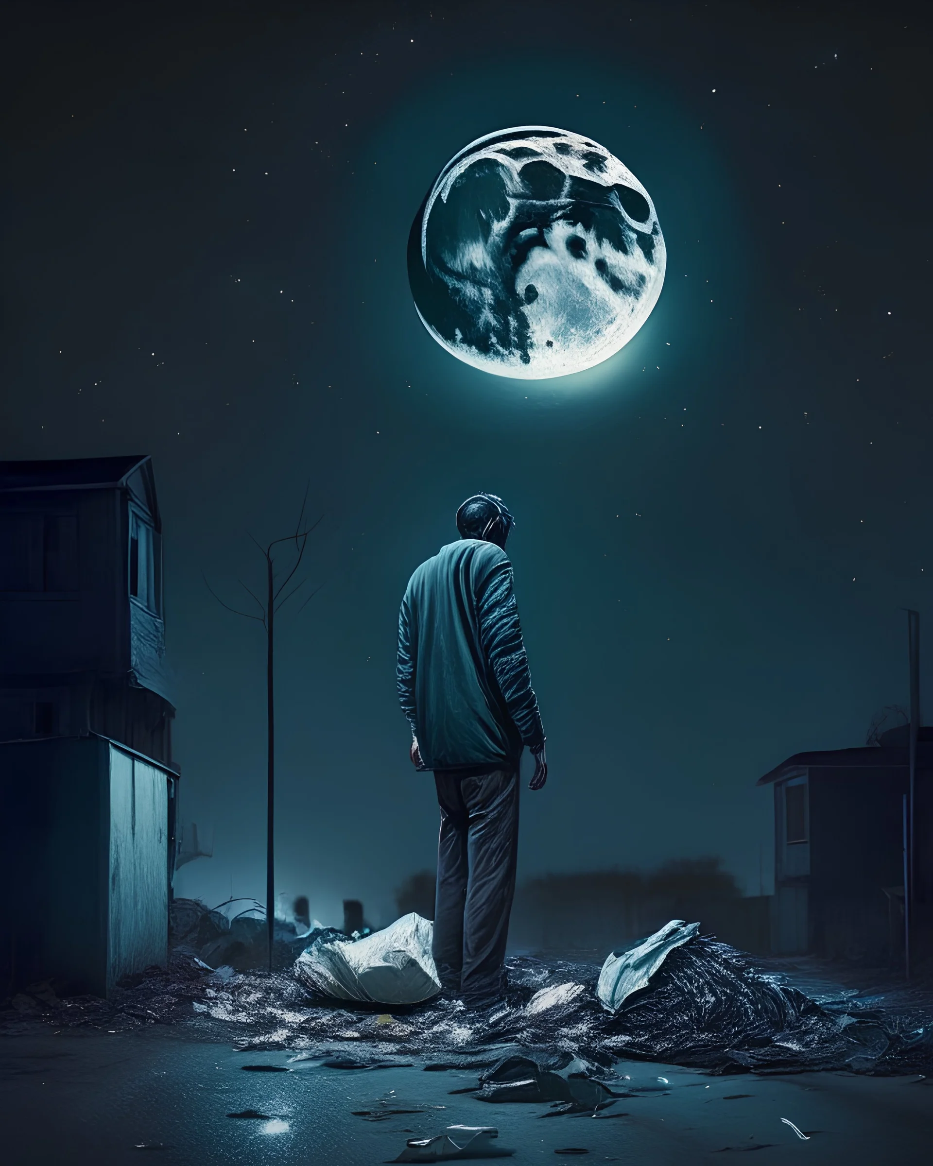 A man and garbage and a night moon