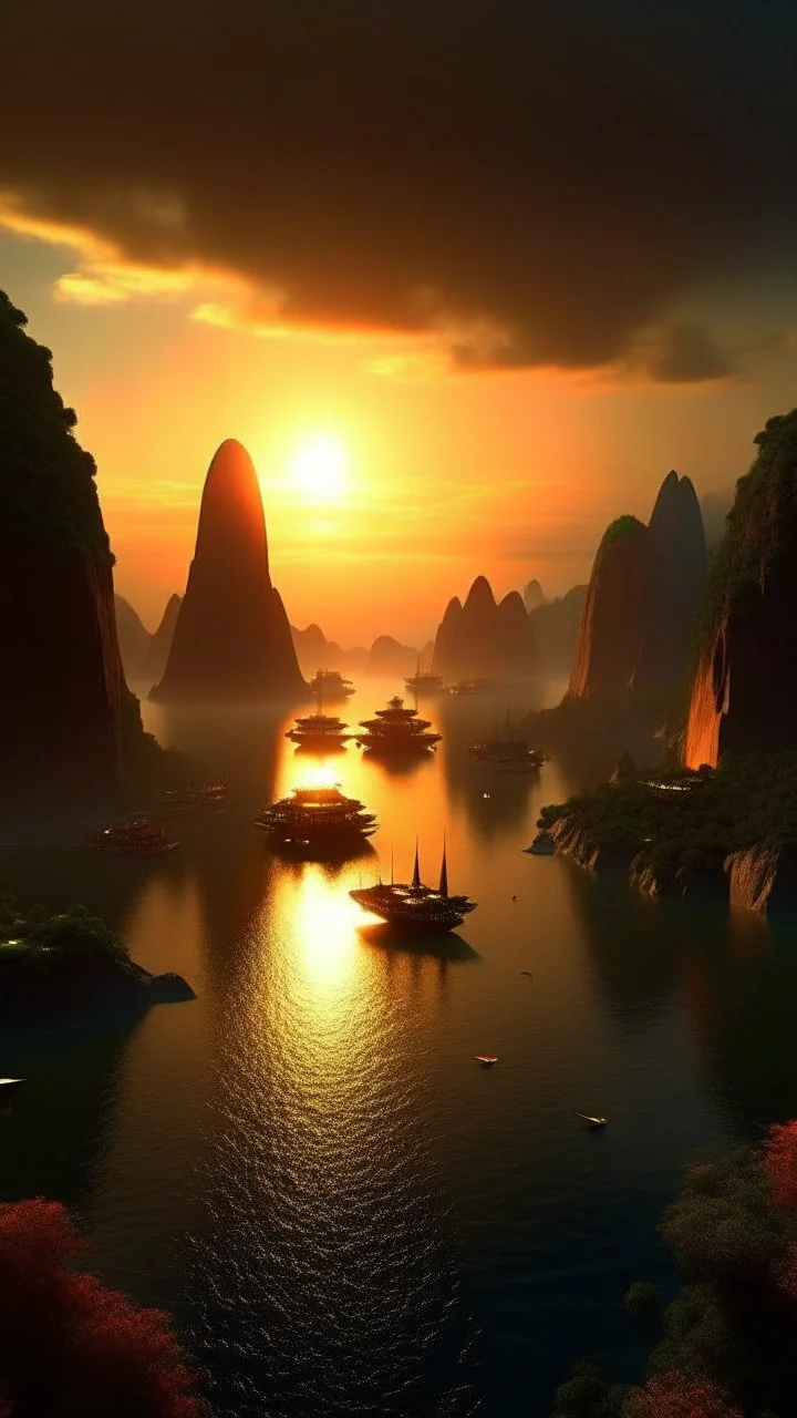 sci fi planet, large city, ha long bay, sunset