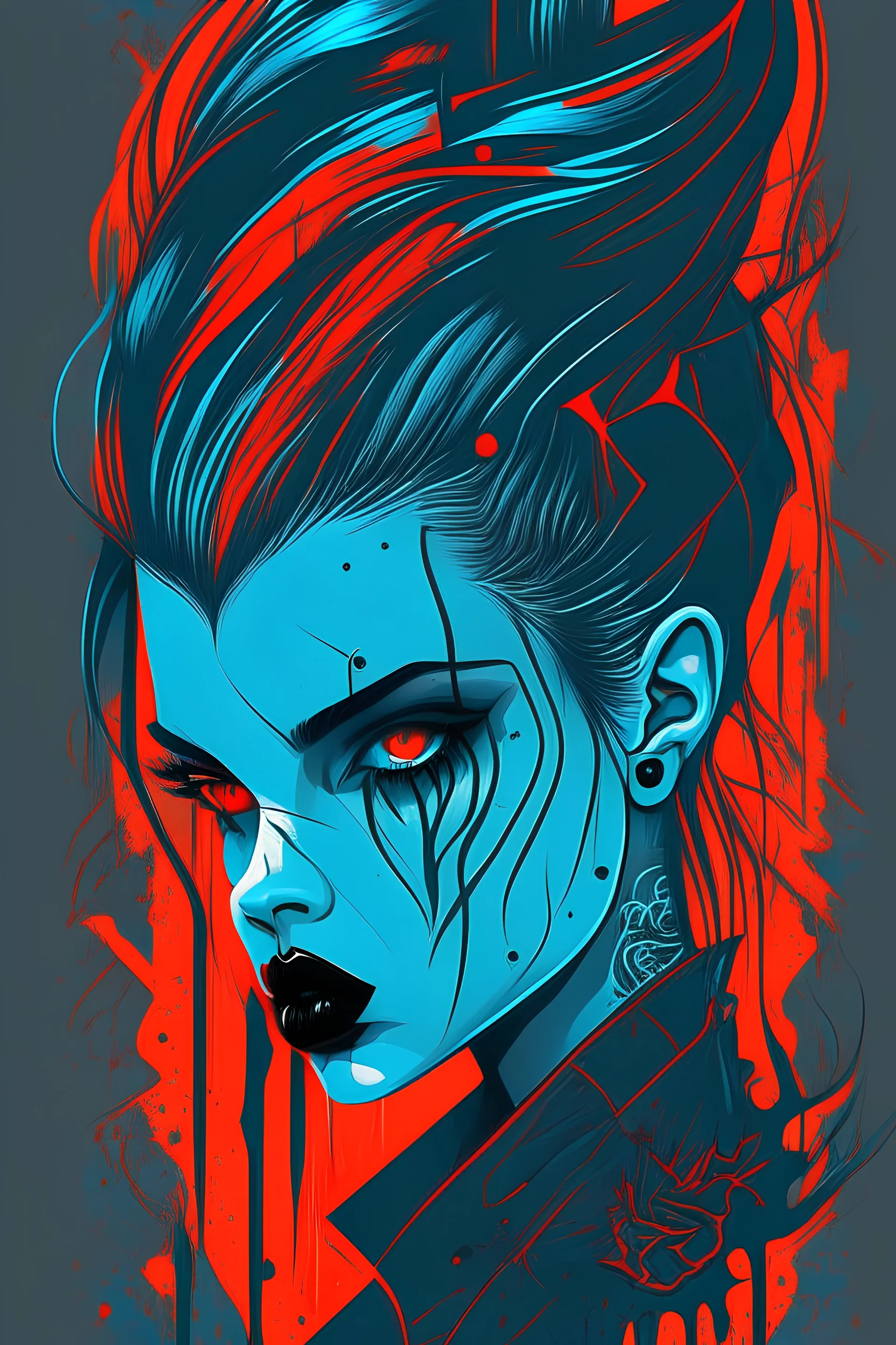 Create a wild, imaginative, goth punk vampire girl with highly detailed facial features, in the vector graphic style of Nirak1,Christopher Lee, and Cristiano Siqueira, utilizing simple shapes , vibrant colors,