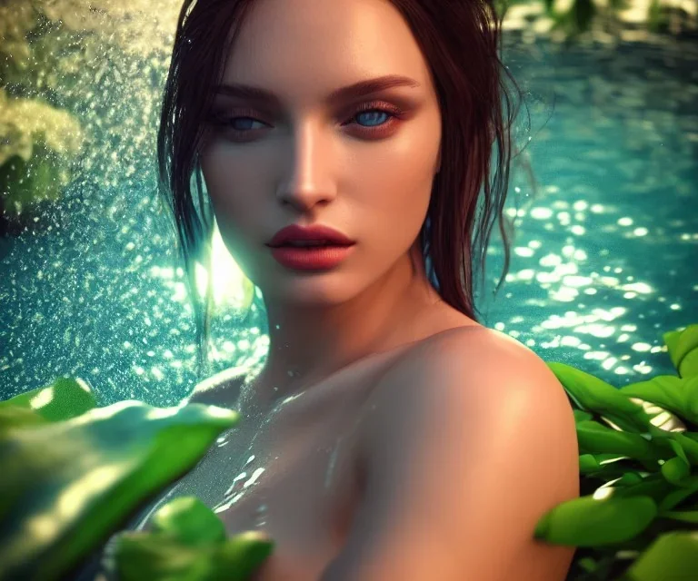 Realistic detailed perfect face portrait of a insane young beautiful top model woman in short open dress. Sensual, volumetric lighting, Unreal Engine 5, 3D Animation Quality, Octane Rendering. A masterpiece. She's in water, garden, trees. vivid colors. Perfect face