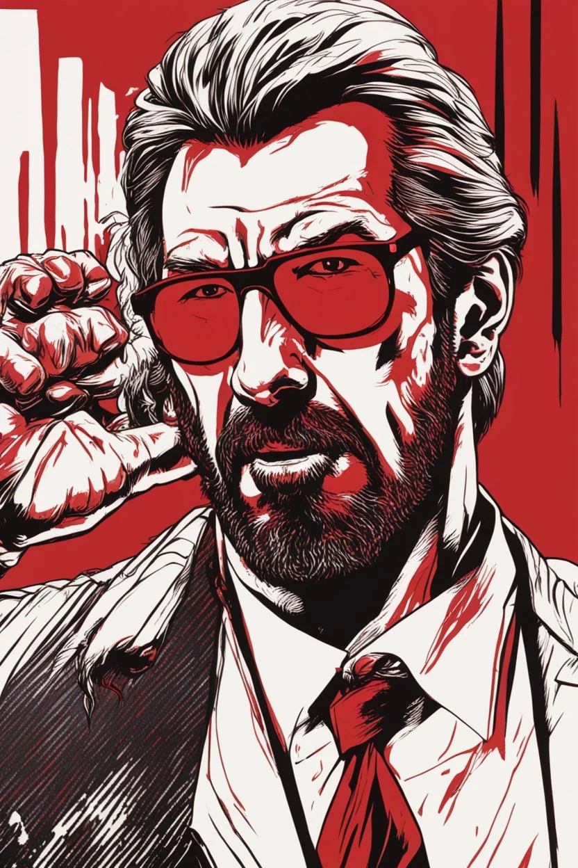 a tough looking, angry Hans Gruber wearing solid red glasses