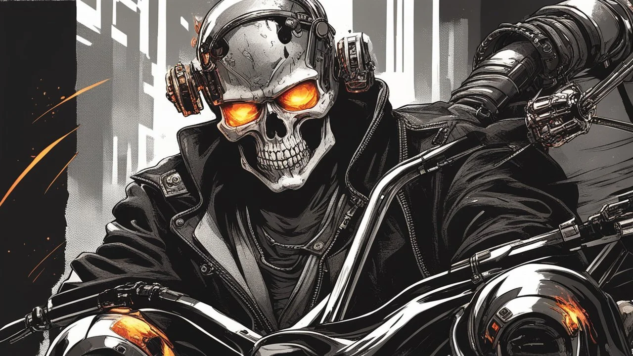 ghost rider in style cyberpunk with Robot Skull and fire come out from it