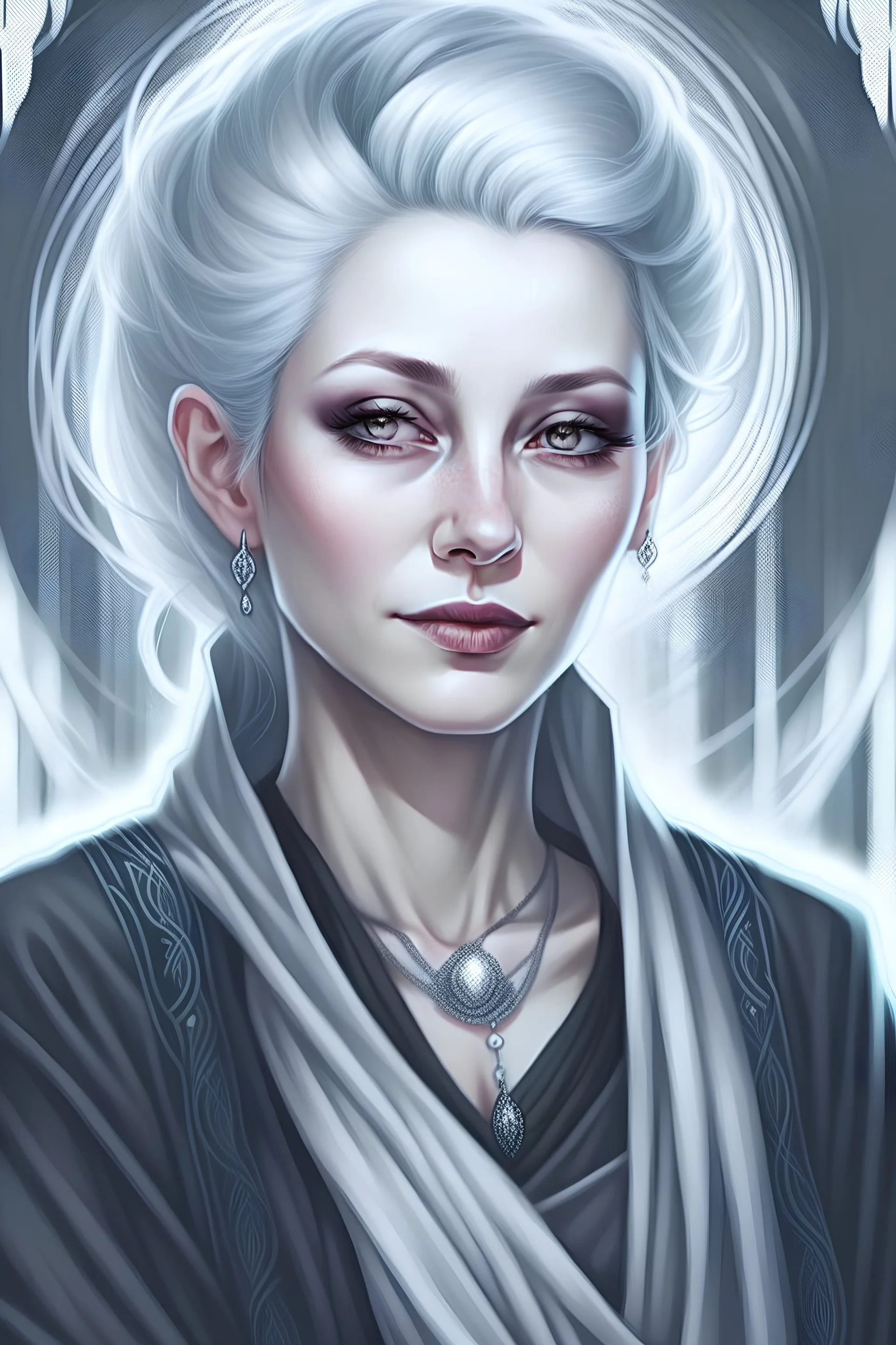 Hyper-realistic, highly detailed portrait inspired by Yoshitaka Amano and Artgerm. Elven woman with elongated ears, light grey hair styled in a bun, and light grey eyes. Chalky white skin emphasized. Focus on dark, fantasy attire: black scarf and robe, bare arms.
