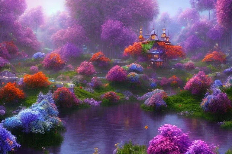 monde en fleurs, flower tree-houses, concept art, crépuscule , fuksia bleu oranger, vibrant Color, réaliste, riviere bleu, tree-house