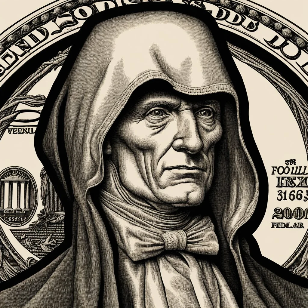 hedcut wsjstyle engraved light lined based on united states federal reserve note dollar bill with the grim reaper the president photorealistic