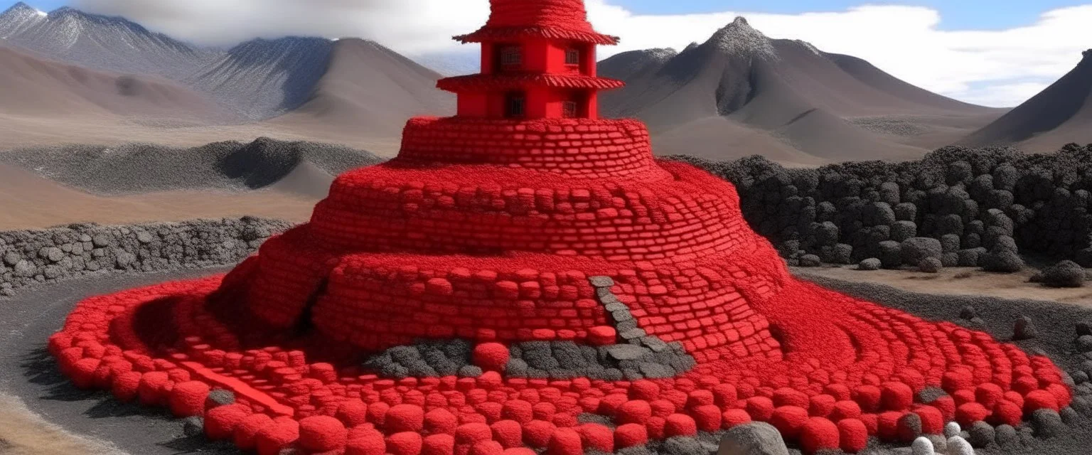 A red castle on top of a volcano designed in Ica stones