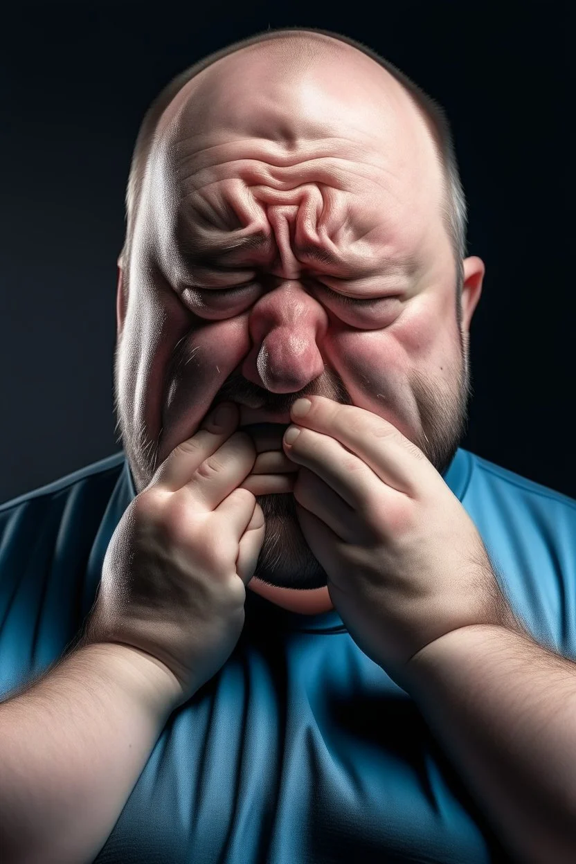Fat man crying with a mask on