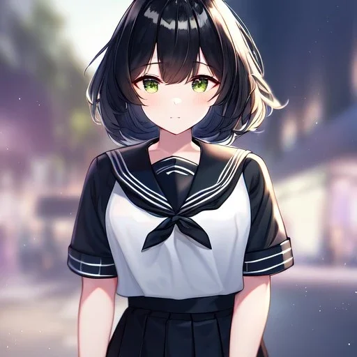 Clear focus, High resolution, fluffy black short hair, dark green eyes, wearing a black sailor uniform and pleated black skirt, fluffy hair, detailed outfit