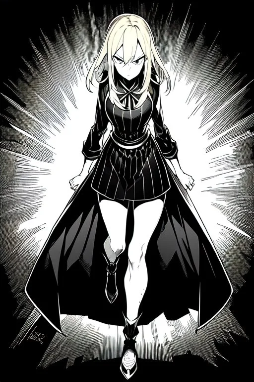 angry blonde girl, angry pose, full body, greyscale