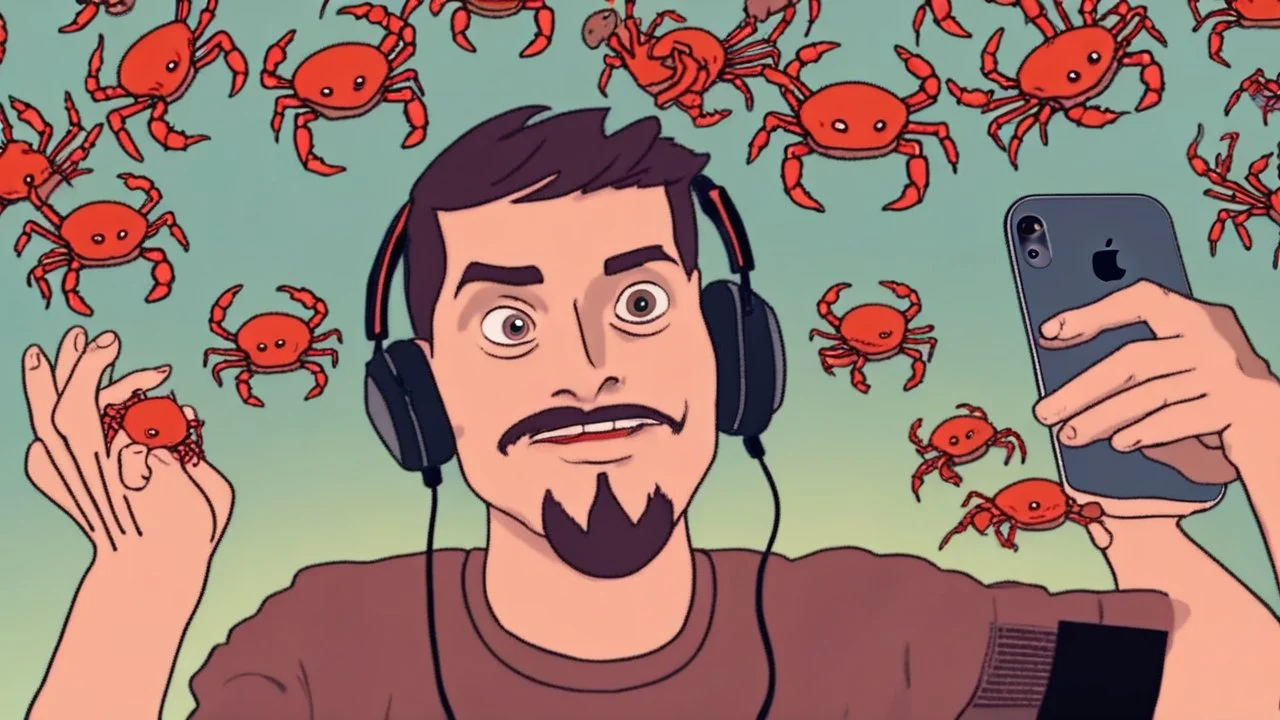 guy with creepy smirk watches censored videos on smartphone surrounded by tiny crabs