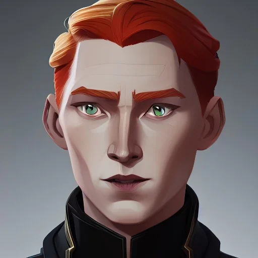 general hux 3/4 view, wearing a black First Order uniform, serious, imposing figure, thick eyebrows, digital art, wearing a black First Order uniform, green eyes