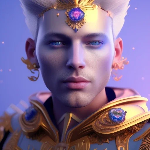 A portrait of a crystalised blue pink king, gold, sunny background, atmospheric, realistic, unreal engine, lighting, octane render.