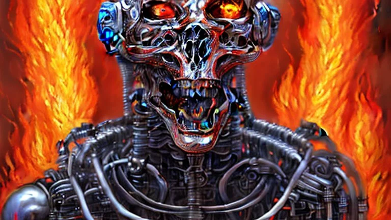 A face of a Terminator-style robot surrounded by flames reminiscent of hell