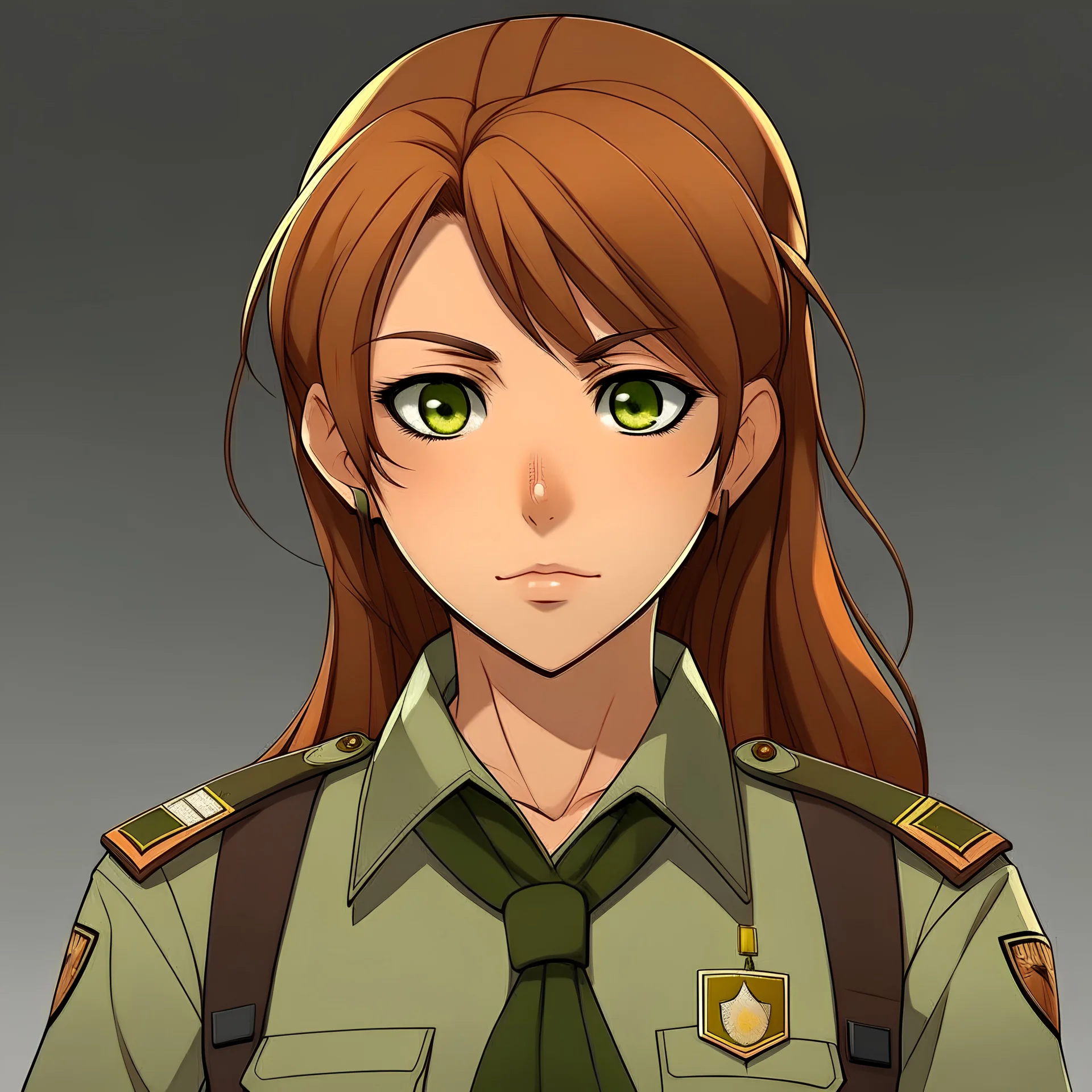 Young woman with auburn hair in a low ponytail, amber eyes, olive skin tone, deputy sheriff uniform, reference sheet, anime style, front facing, looking into the camera,