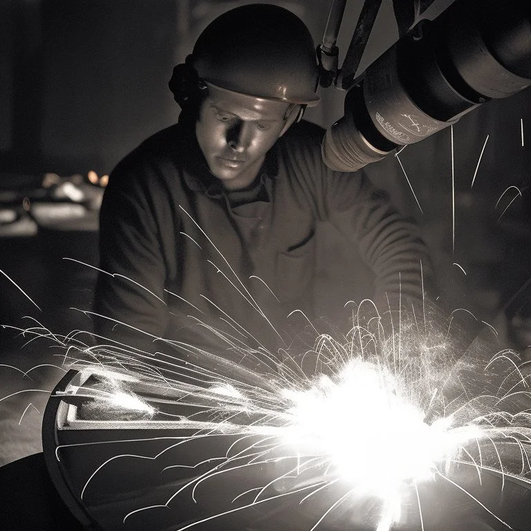 Imagen realista y dramática de una trabajador en una fábrica de fundición rodeado de las chispas que saltan, en medio de la penumbra, primer plano del trabajador mirando la pieza que funde. Fotografía periodística realizada con una cámara Leica y un objetivo de 50 mm
