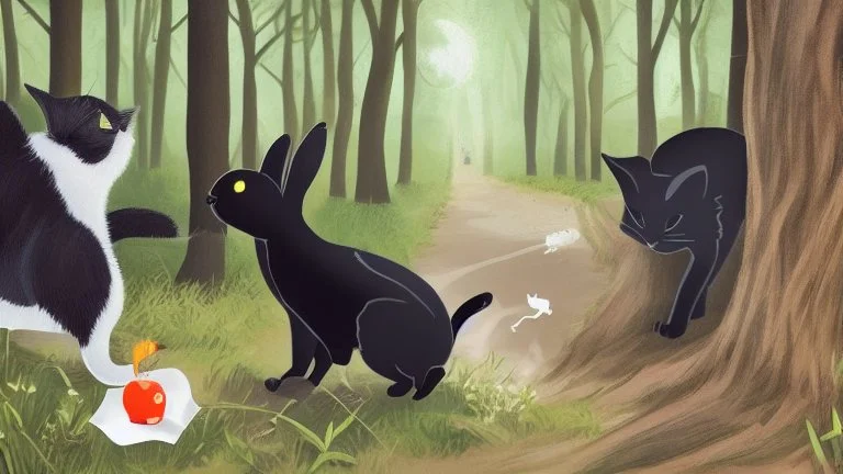 A black cat staring a white rabbit in the forest.