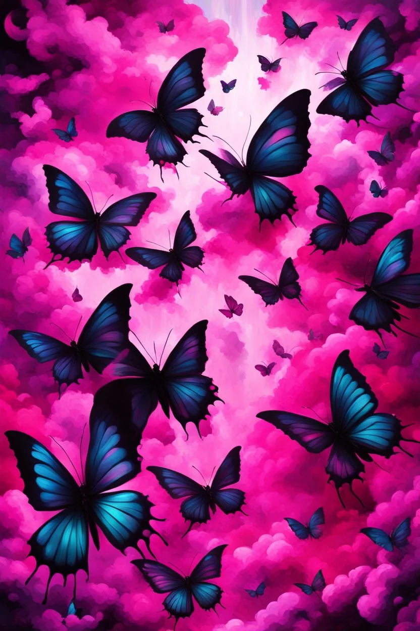 vibrant psychedelic oil painting image, airbrush, 64k, cartoon art image of background HOT PINK and BLACK BUTTERFLIES , futurism style