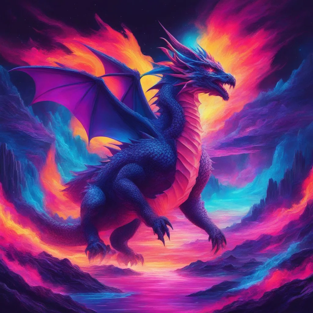 Dragon in a vibrant synthwave dreamscape, neon chaos swirling energetically around pixelated forms, a dynamic fusion of retro gaming nostalgia and futuristic abstraction