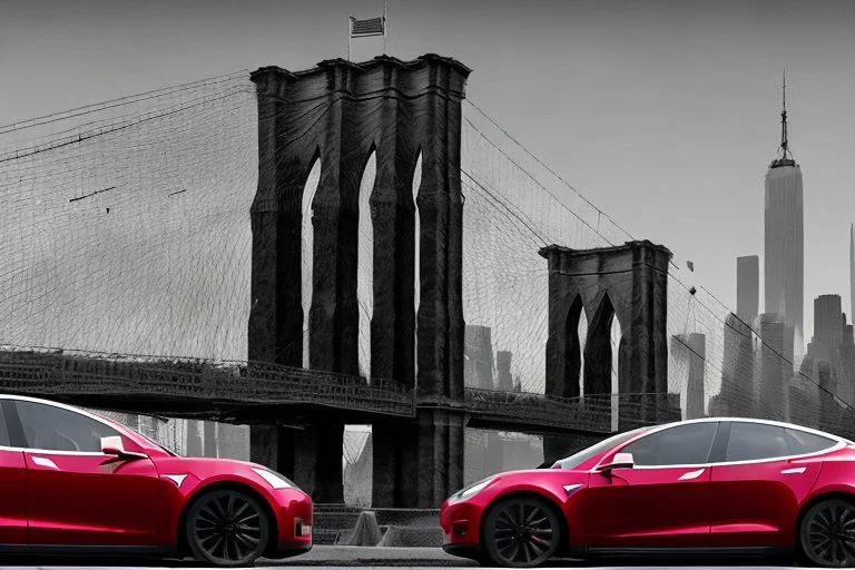 A Tesla's 'Model S' is parked, on the 'Brooklyn Bridge' in New York. CINEMATIC. WIDE ANGLE LENS. PHOTO REAL.