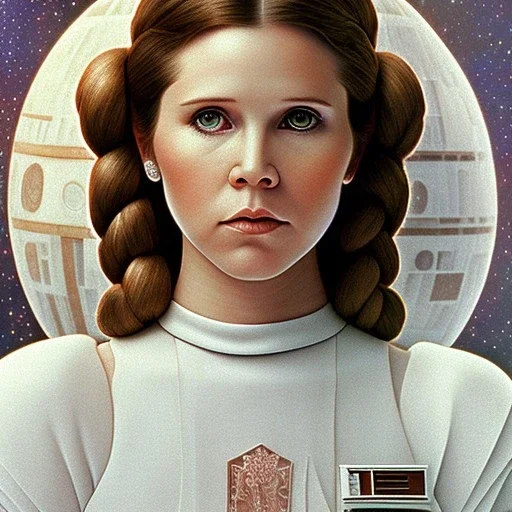 star wars death star background, complete and photo realistic detailed head to waist stunning photo realistic portrait of young carrie fisher as Princess Leia in star wars with photo realistic hairstyle by Mandy Jurgens and mucha and Richard Schmid and chuck close and chie yoshii, extraordinary and detailed ceremony dress of star wars,brown eyes