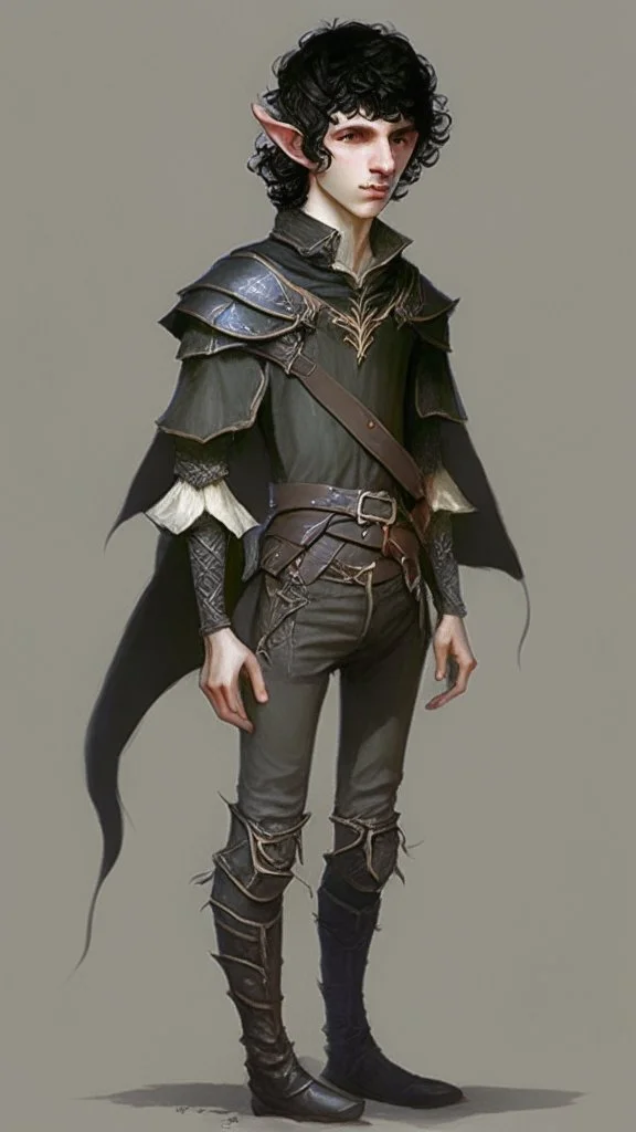 a teen elf. he has curly, black hair and sharp cheekbones. His eyes are black. He wears fantasy medieval clothes. he is lean and tall, with pale skin. full body with boots