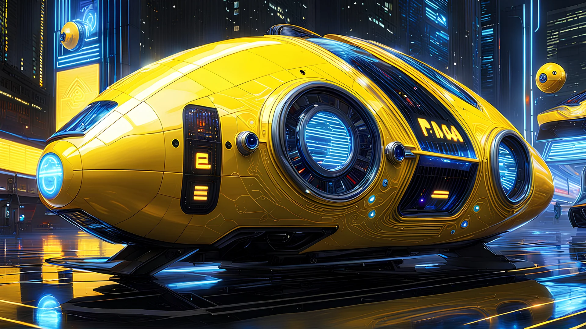 A masterpiece conceptual digital painting of a prototype, experimental, yellow(((Pac-Man)))-attack craft, with illuminated holographic eyes, pinstripes, and detailed LED light accents, in a glossy cyberpunk background, Syd Mead art style, sci-fi, cyberpunk, game art, intricate details, HDR, beautifully shot, hyperrealistic, sharp focus, dim foul lighting, 64 megapixels, perfect composition, high contrast, cinematic, atmospheric, moody.