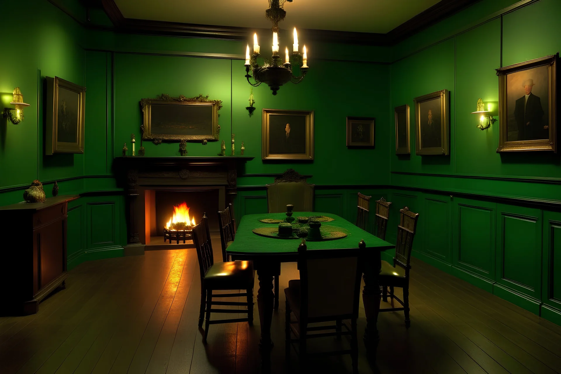 An image of a room of an intellectual from the 18th century, with a long six-chaired table in the middle, with three chairs out, and the others in their place, a fireplace in the back, and a green empty wall with only one photo frame on it, fit for a portrait photo. It must look like an image from the retro game Cadillacs and Dinosaurs.