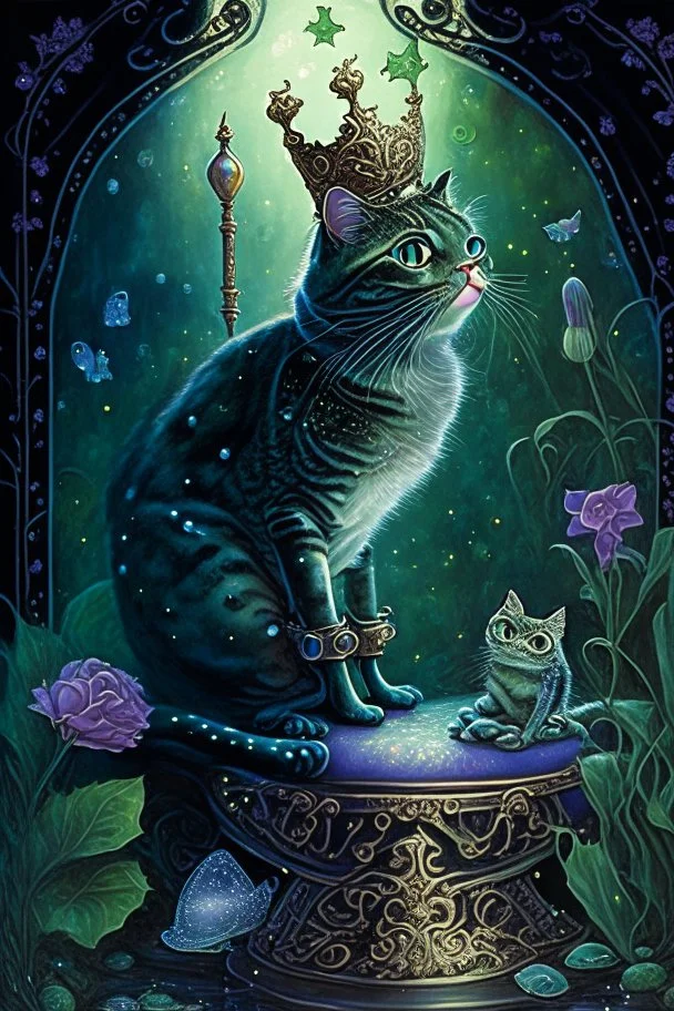 dark fantasy, intricate cover, a whimsical fairytale with a cat in boots next to a frog with a crown and a translucent glass slipper