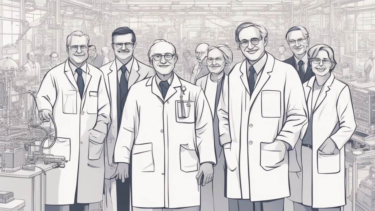 The image depicts a group of pioneering scientists standing together against a modern scientific backdrop. The scientists are dressed professionally and exhibit enthusiastic smiles. The image showcases intricate details of modern scientific and technological tools in the background, indicating the advancement of technology and science. The image conveys a message of inspiration and ambition to change the world through scientific research and innovative technology.