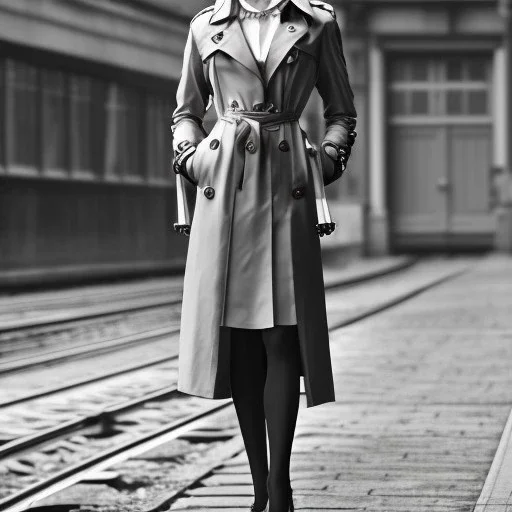 A beautiful slender well dressed young Russian transgender woman with short blonde hair and a black trench coat, waiting for a man at night at a train station in London