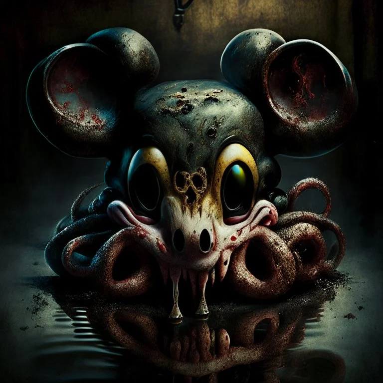 squid mickey mouse hybrid, photorealism, horror, evil, hungry, rotted, high resolution,