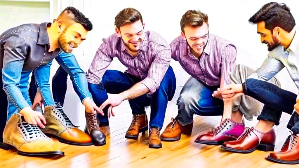 group of men smelling women's shoes