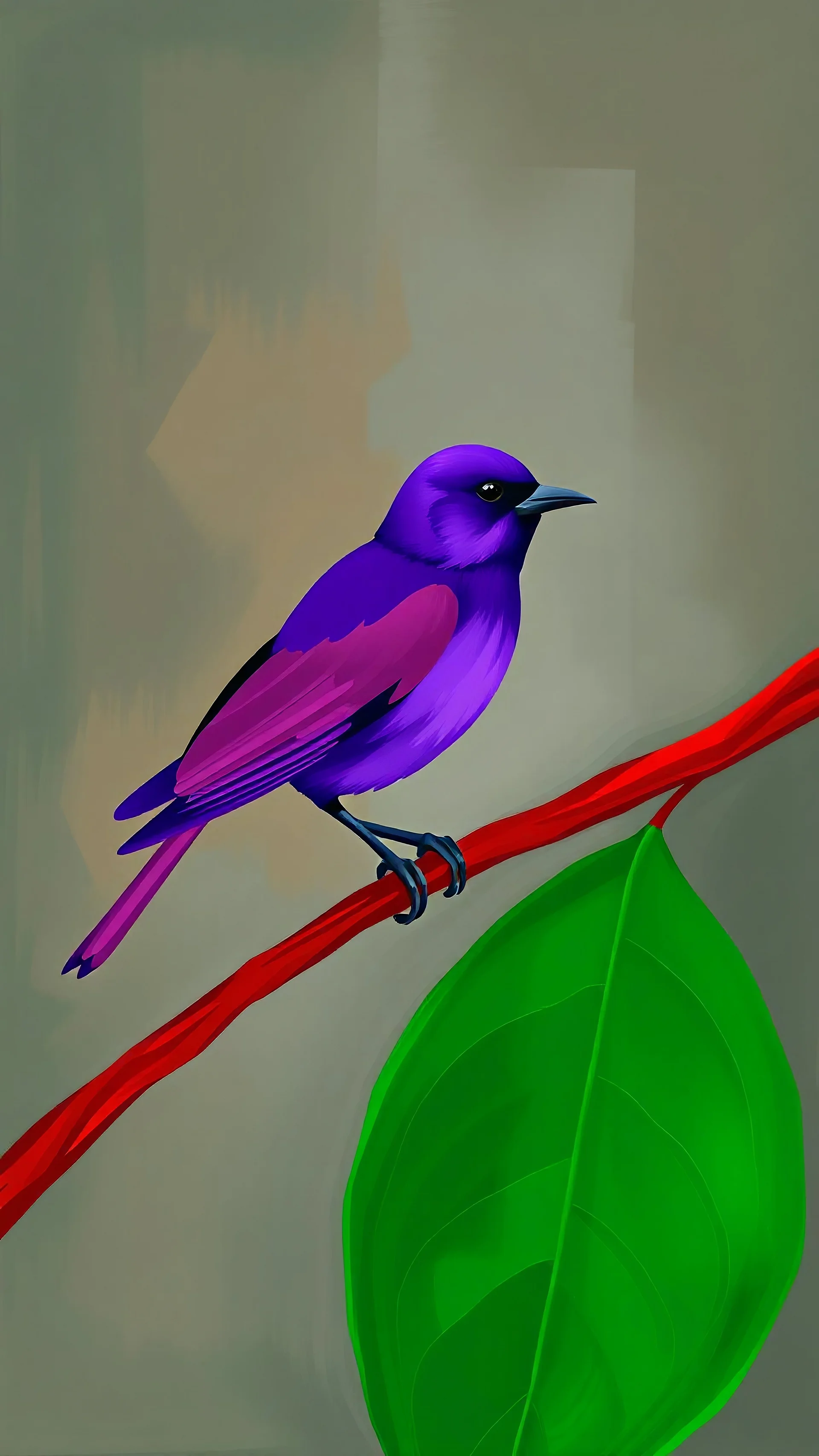 Abstract picture of a purple bird on red branch and green leaf