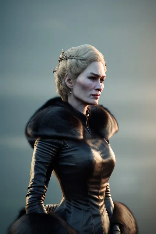 Cersei Lannister as evil queen in black leather and fur, busty, cleavage, curvy, lena headay, angry, stern look. character design by cory loftis, fenghua zhong, ryohei hase, ismail inceoglu and ruan jia. unreal engine 5, artistic lighting, highly detailed, photorealistic, fantasy