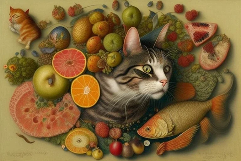 A cat with fruits and fish and mouses. Giuseppe Arcimboldo