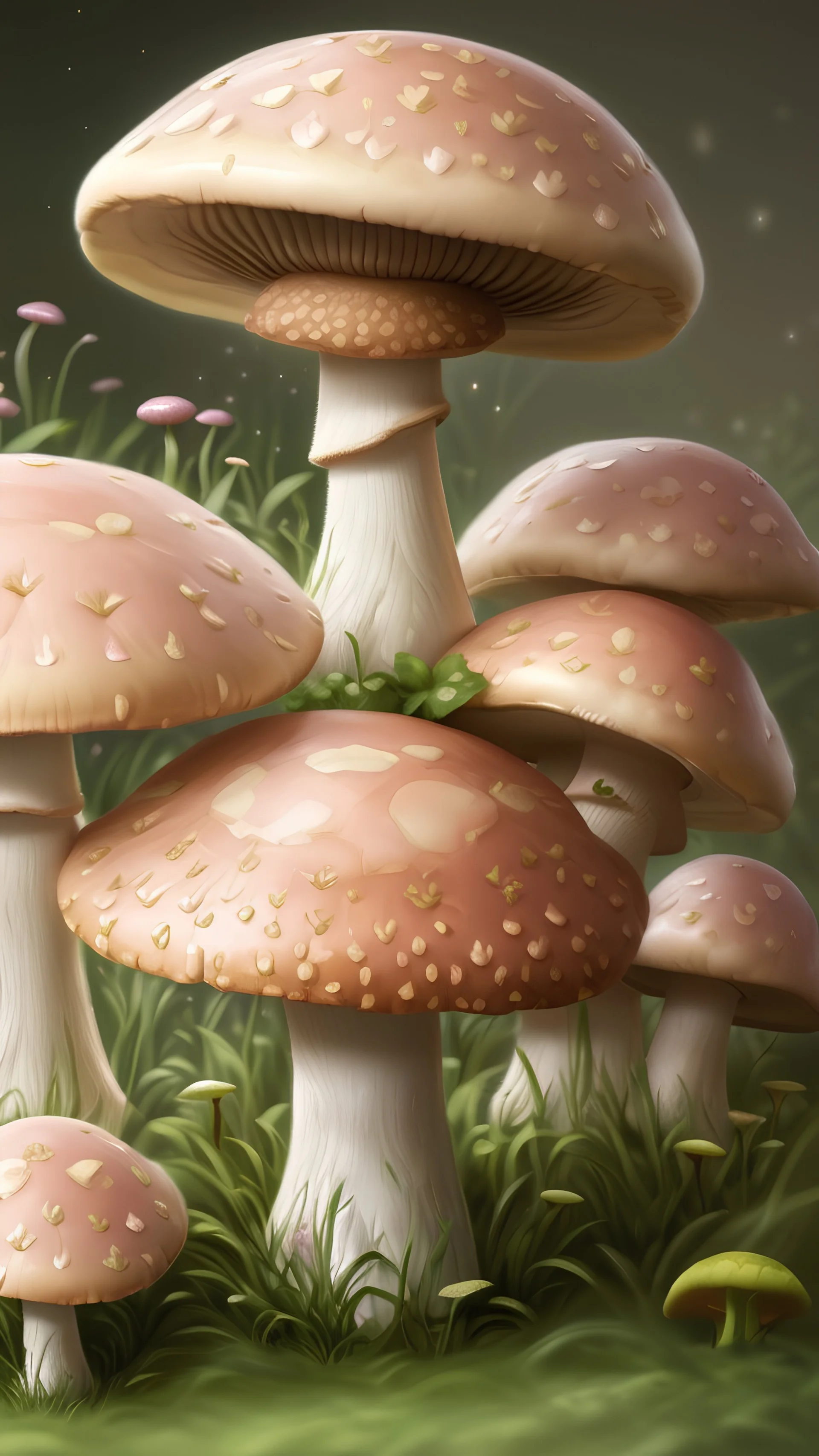 Mushroom biome closeup, light reflection, pastel colors, pink and green, hd, detailed, full 4k resolution