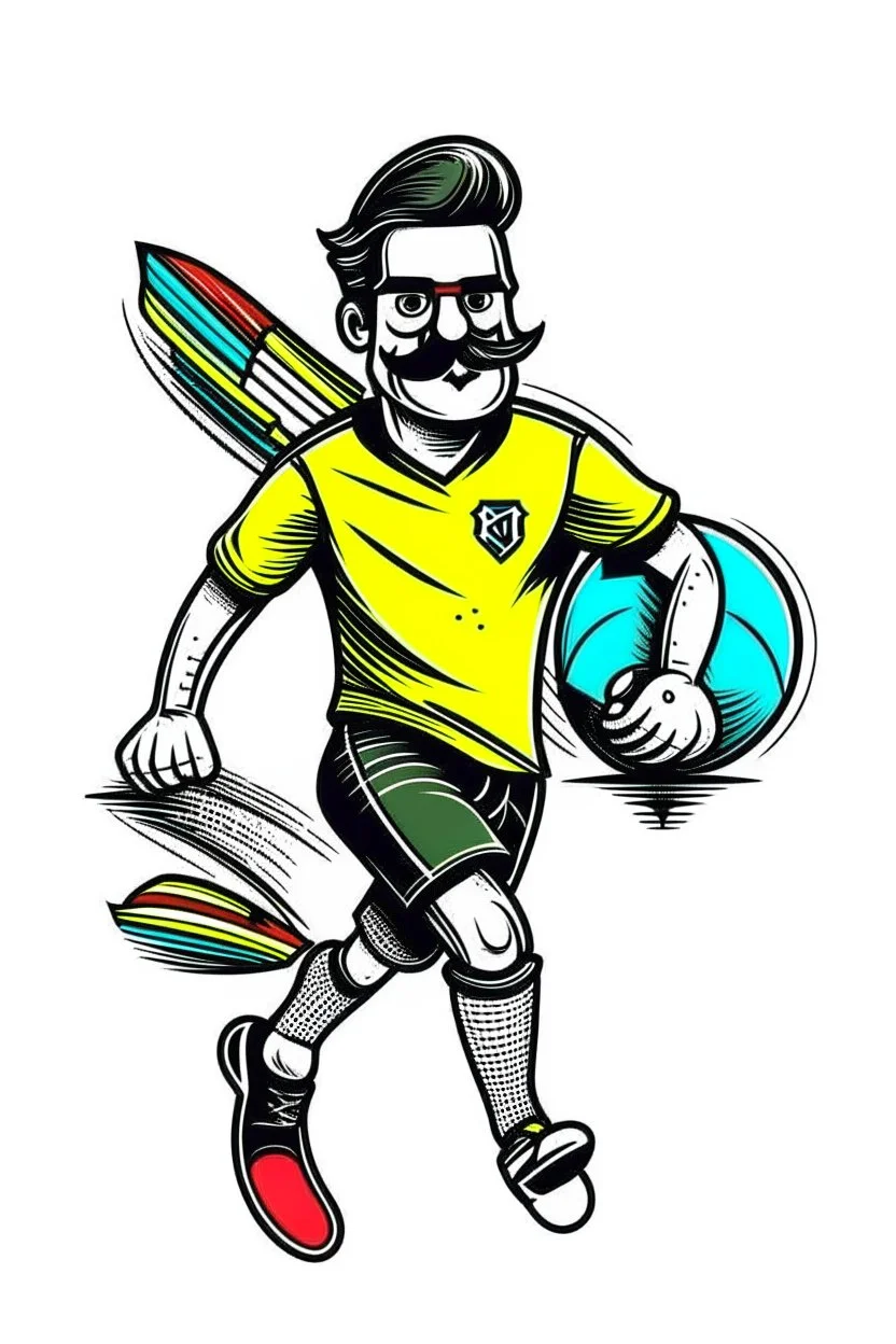 TEXTE FOOTBALL with a handlebar mustache and a skateboard tucked under its fin. Style: Retro Comic Book, Mood: Playful and Energetic, Lighting: Flat, bold colors, T-shirt design graphic, vector, contour, white background.