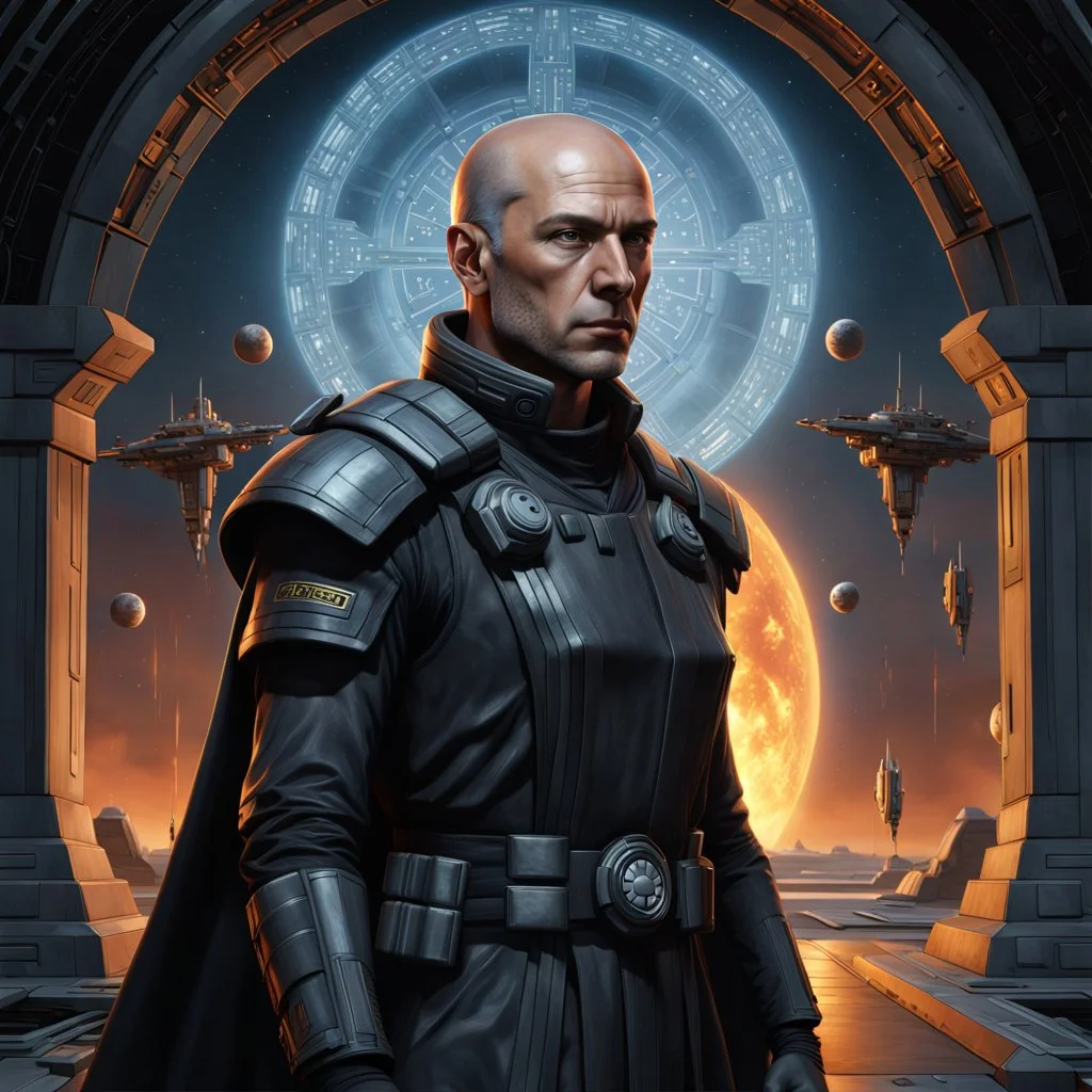 star wars bald male corellian pilot wearing pearlescent black and gunmetal grey First Order special forces heavy assault armor and helmet with gold trim inside the jedi temple, centered portrait, hyperdetailed, dynamic lighting, hyperdetailed background, 8k resolution, volumetric lighting, light skin, fully symmetric details