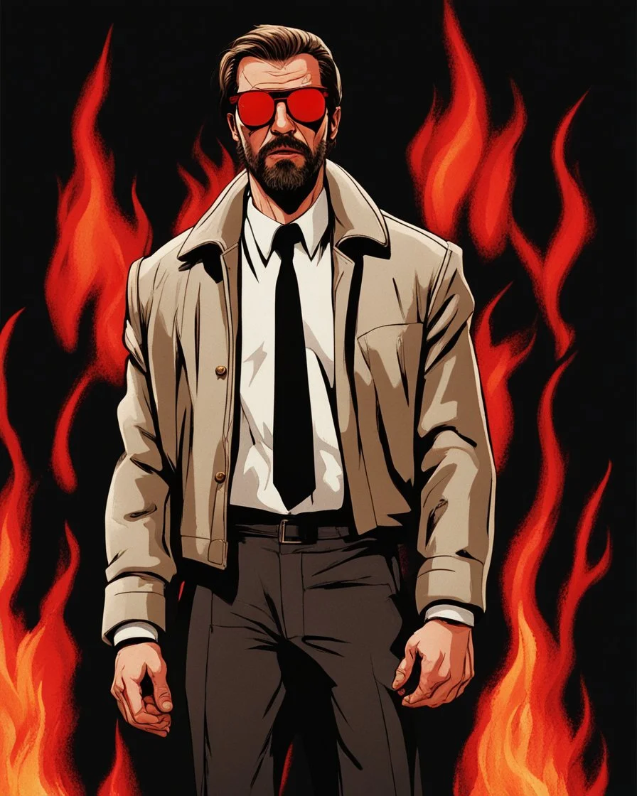 a young man with big muscles who looks like hans gruber wearing a heavy coat and red sunglasses staring with an irritated look on his face standing in front of a large fire