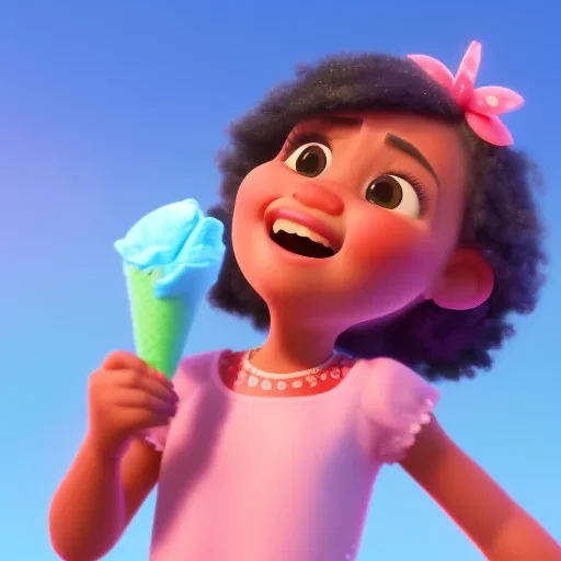 cute, smileing girl eating ice cream, candies flying all around her, Pixar, disney, cinema lighting, gaming, 8k, magic, love --q 1 --v 4