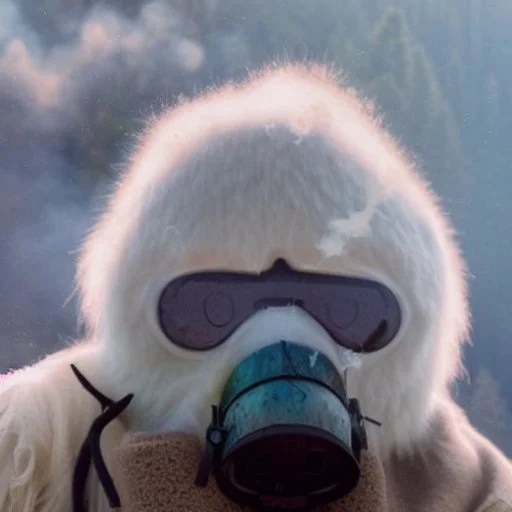 subject = (Yeti in a mask) background = (wildfires, mountains, fires, smoke, disaster)