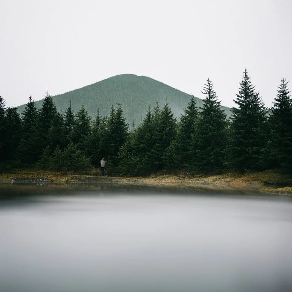 A polaroid photo of a group of fir trees in the background and a high hill in the distance. A person. A lake. The surface below is in a pastel color. Fog is present.