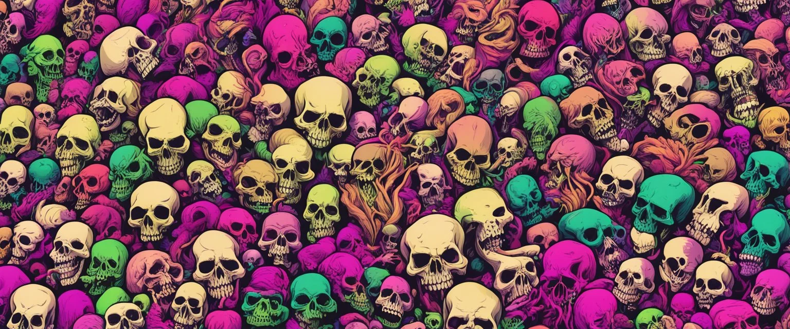 a field of 1000s of cartoonish, anatomically correct, skulls, vivid RANDOM BRIGHT neon colors, dark comedy, well lit, high detail, photorealistic, horrorcore, fun, scary, dead, 100