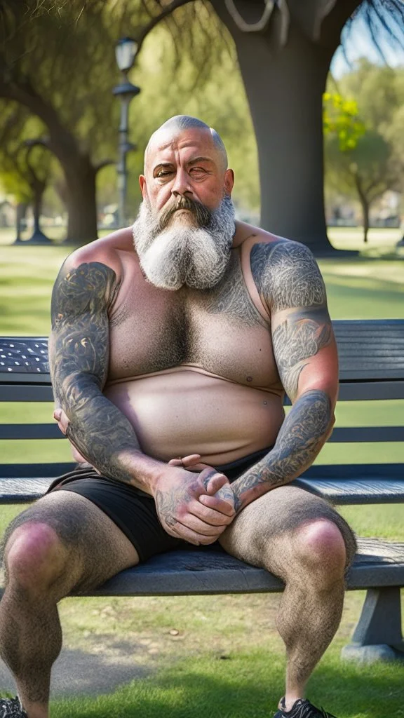 full body shot photography of a tanned ugly chubby sicilian burly chubby man 52 years old, tattoo, shaved hairs, long beard, stained undershirt, grey boxer, manly chest, relaxing sitting on a bench in a public park, outstretched arms, sunlight, photorealistic , relaxed eyes, ultra detailed, Canon EOS, 35mm lens, ground view, view from below