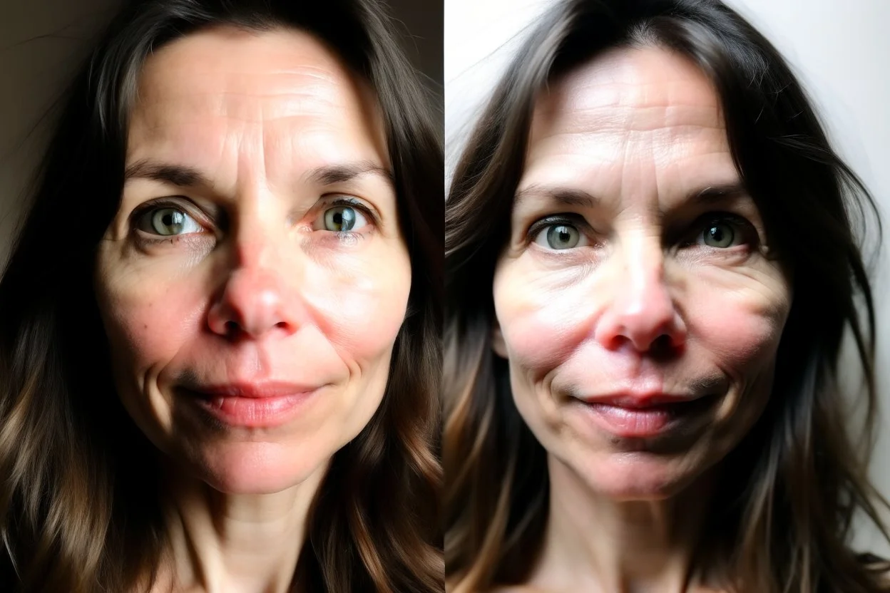 A selfie of a brunette woman, middle long hair, showing a 39-year-old European woman. She has white skin, tousled brown hair, face without makeup, big round dark brown eyes, cute nose, detailed full lips, skin texture. Split screen and show the same face but without wrinkels and younger .